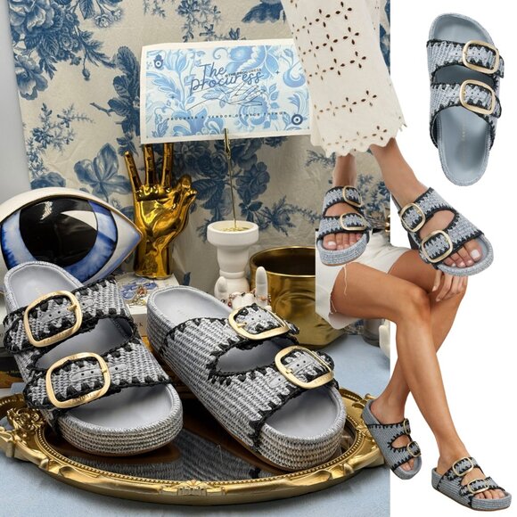 🆕 LOEFFLER RANDALL 🧿 NWOB Theo Embroidered Raffia Platform Sandal, Blue Sz 8 - Picture 1 of 15